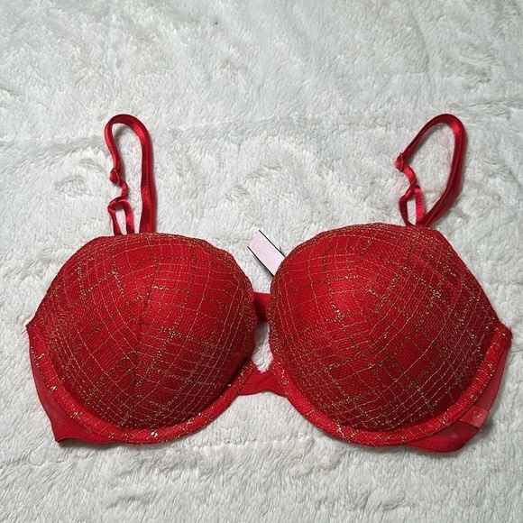 Victoria’s Secret Push Up Lined Demi Lace Bra Red Gold Metallic Size 32 D NEW - Picture 2 of 12